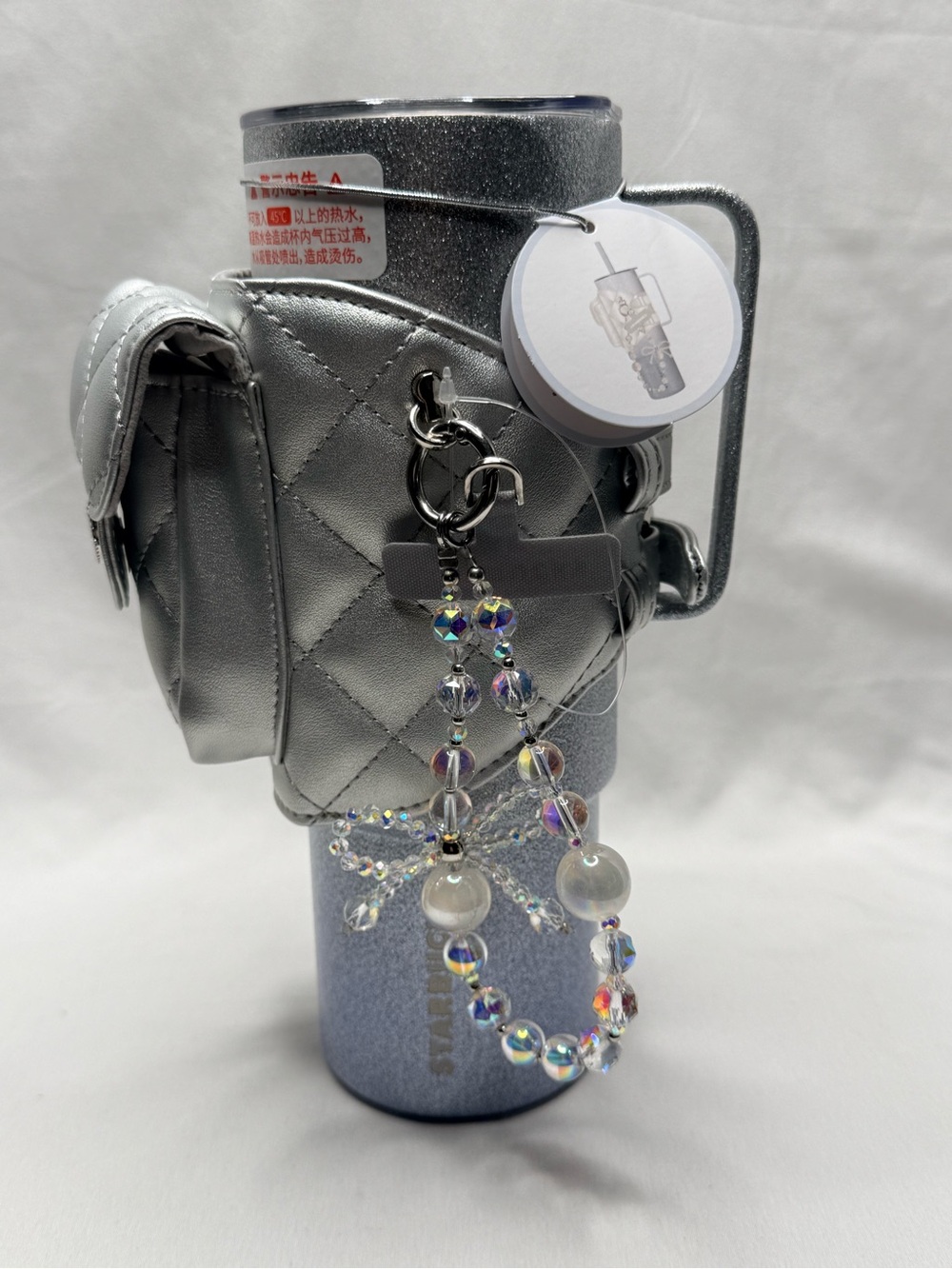 Starbucks Silver Glitter Tumbler with Quilted Pouch & Beaded Charm 16 oz New NWT